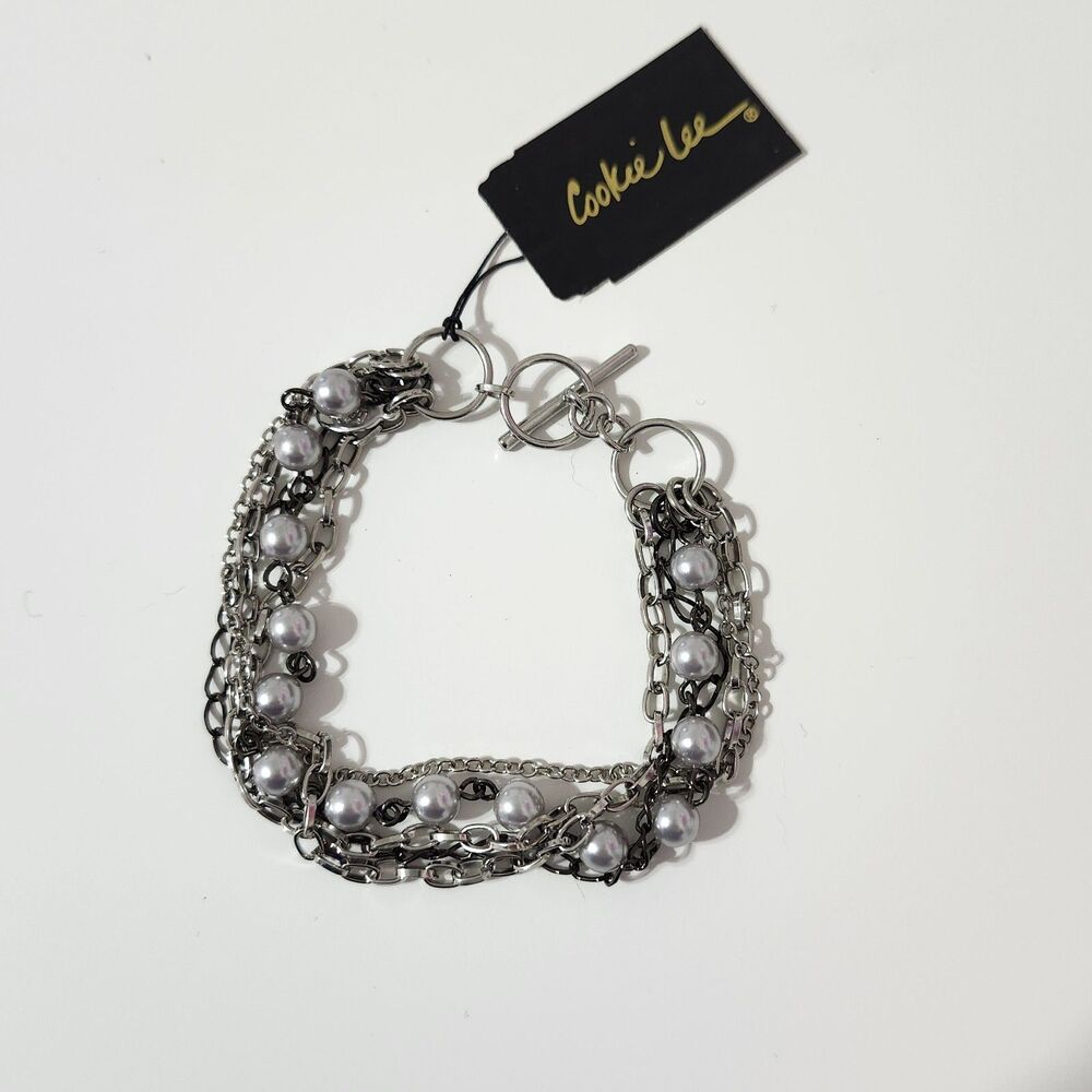 Cookie Lee Bracelet Chain Layered Faux Pearl Silver Tone Gray Toggle 98017